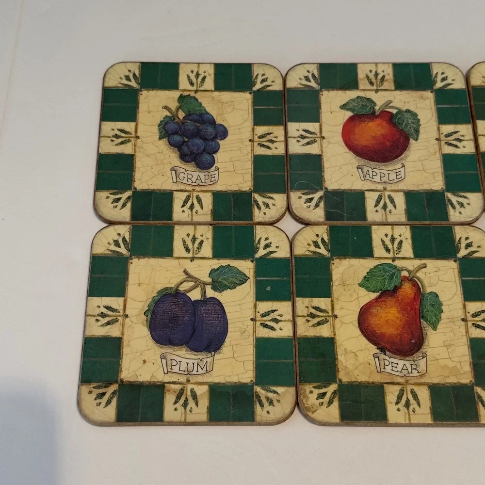 Pimpernel Fruit Coasters Set of 6 Vintage Made in England Cork Backed Botanical